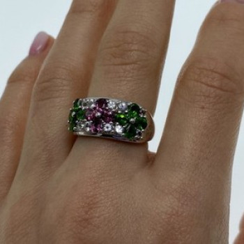 925 Sterling Silver Emerald, Pink Topaz & Goshenite 