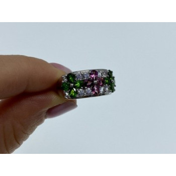 925 Sterling Silver Emerald, Pink Topaz & Goshenite 