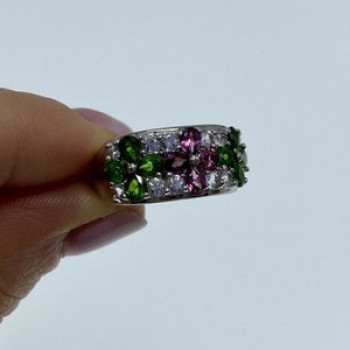 925 Sterling Silver Emerald, Pink Topaz & Goshenite 