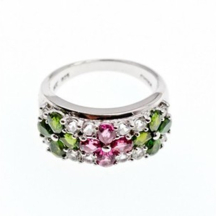 925 Sterling Silver Emerald, Pink Topaz & Goshenite 