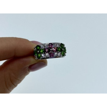 925 Sterling Silver Emerald, Pink Topaz & Goshenite 