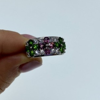 925 Sterling Silver Emerald, Pink Topaz & Goshenite 