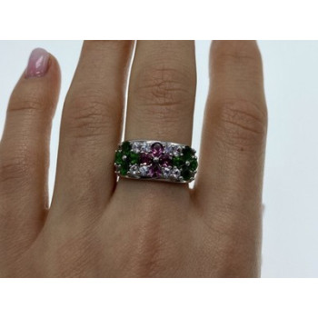 925 Sterling Silver Emerald, Pink Topaz & Goshenite 