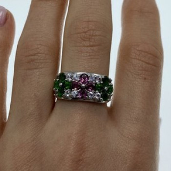 925 Sterling Silver Emerald, Pink Topaz & Goshenite 