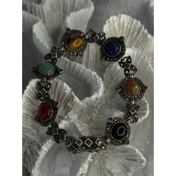 Vintage 925 Sterling Silver Multi Color Stones Bracelet Lenght 8