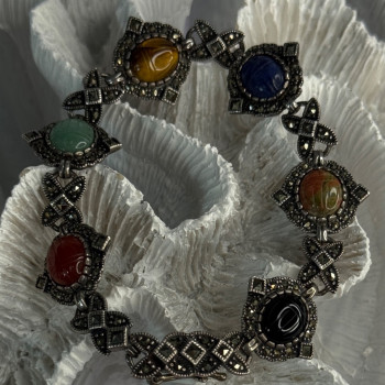 Vintage 925 Sterling Silver Multi Color Stones Bracelet Lenght 8