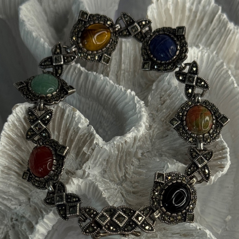 Vintage 925 Sterling Silver Multi Color Stones Bracelet Lenght 8
