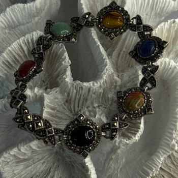 Vintage 925 Sterling Silver Multi Color Stones Bracelet Lenght 8