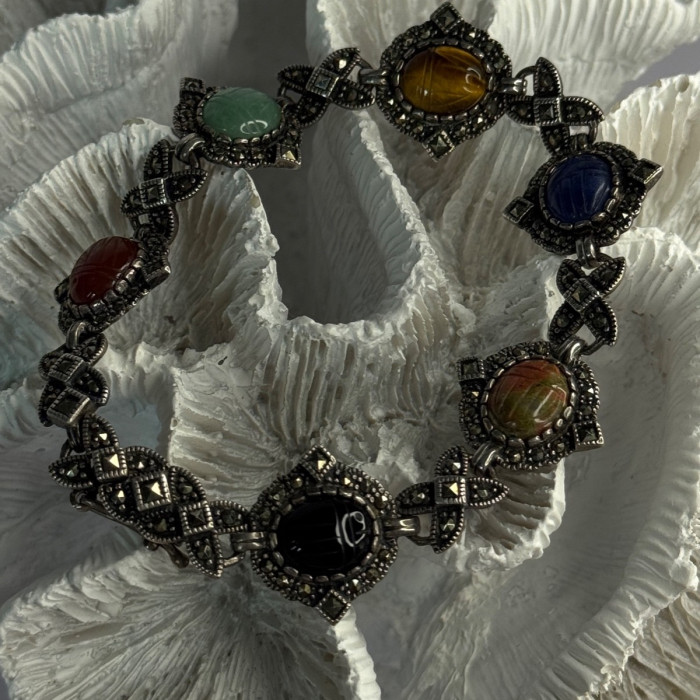 Vintage 925 Sterling Silver Multi Color Stones Bracelet Lenght 8