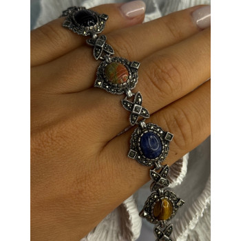 Vintage 925 Sterling Silver Multi Color Stones Bracelet Lenght 8