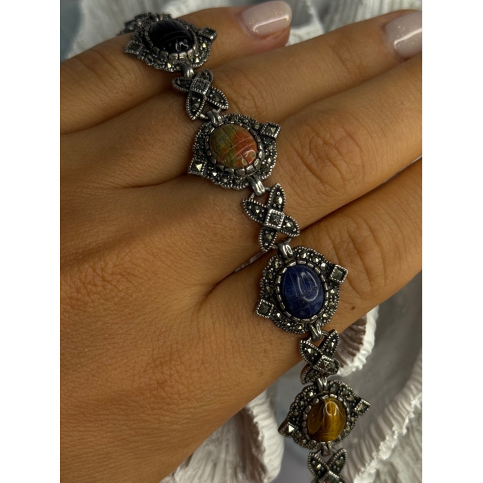 Vintage 925 Sterling Silver Multi Color Stones Bracelet Lenght 8