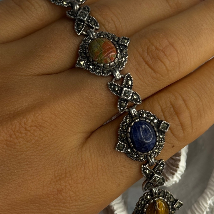 Vintage 925 Sterling Silver Multi Color Stones Bracelet Lenght 8