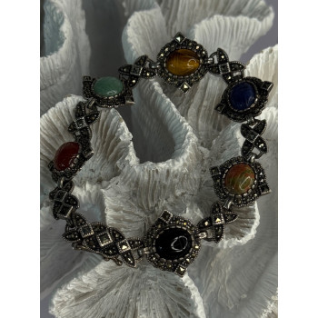 Vintage 925 Sterling Silver Multi Color Stones Bracelet Lenght 8