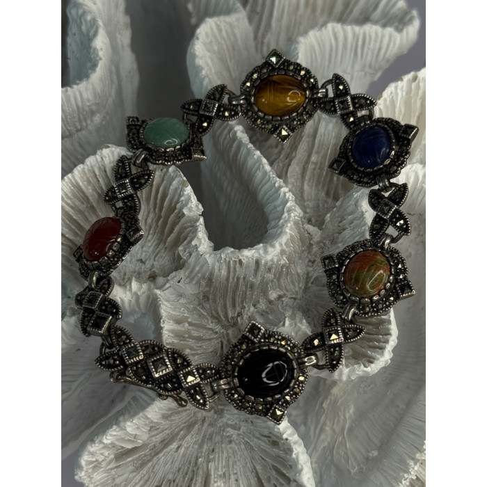 Vintage 925 Sterling Silver Multi Color Stones Bracelet Lenght 8