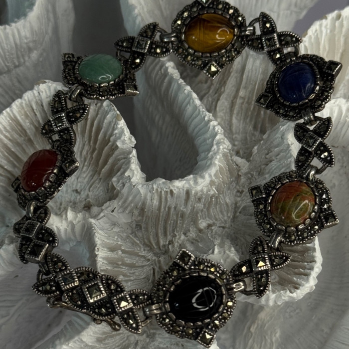 Vintage 925 Sterling Silver Multi Color Stones Bracelet Lenght 8