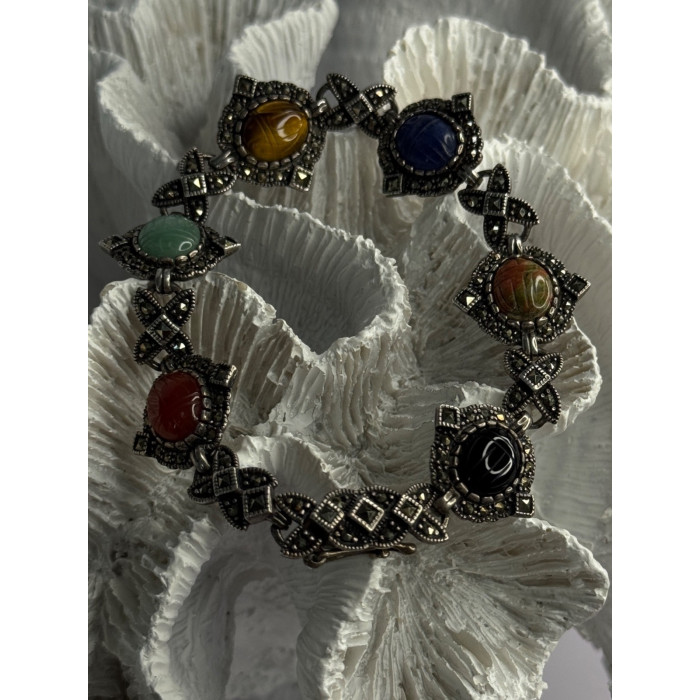 Vintage 925 Sterling Silver Multi Color Stones Bracelet Lenght 8