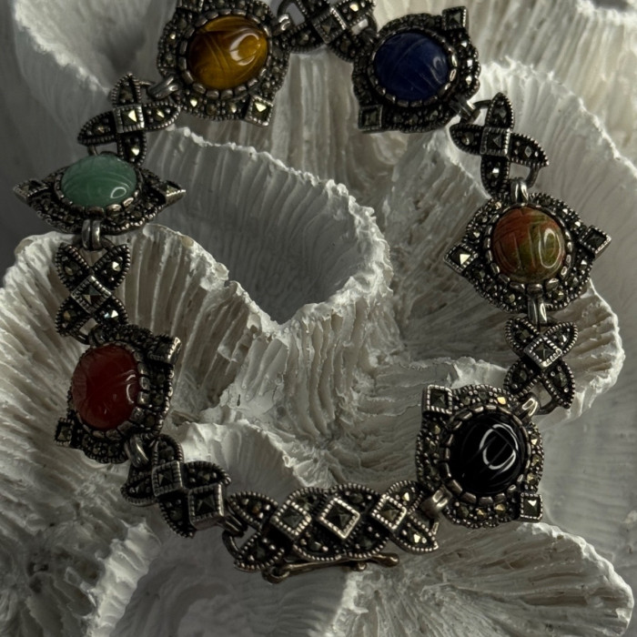 Vintage 925 Sterling Silver Multi Color Stones Bracelet Lenght 8