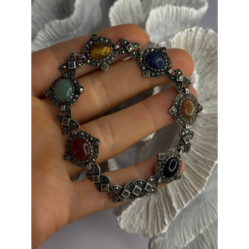 Vintage 925 Sterling Silver Multi Color Stones Bracelet Lenght 8