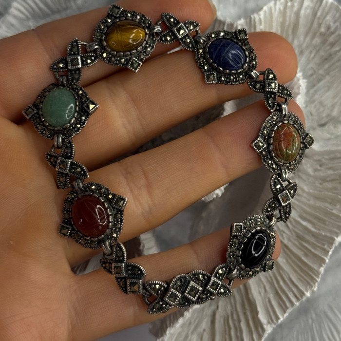 Vintage 925 Sterling Silver Multi Color Stones Bracelet Lenght 8