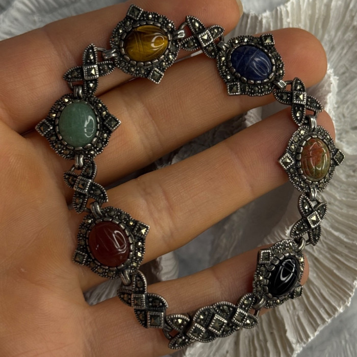 Vintage 925 Sterling Silver Multi Color Stones Bracelet Lenght 8