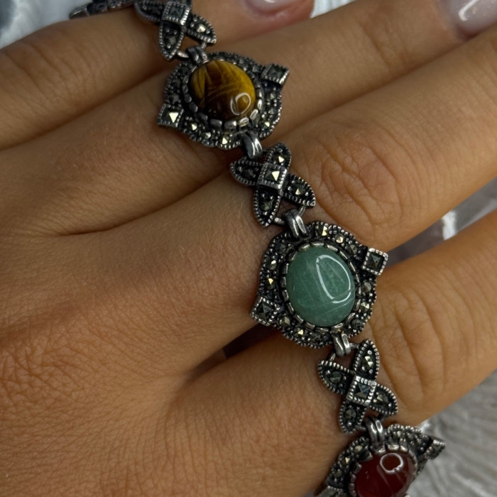 Vintage 925 Sterling Silver Multi Color Stones Bracelet Lenght 8