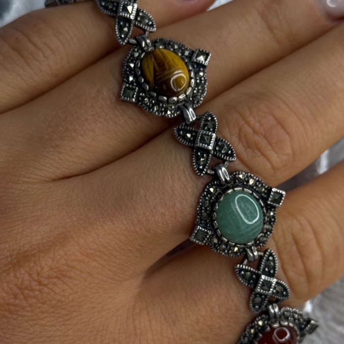 Vintage 925 Sterling Silver Multi Color Stones Bracelet Lenght 8
