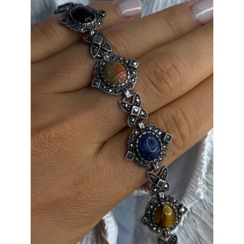 Vintage 925 Sterling Silver Multi Color Stones Bracelet Lenght 8