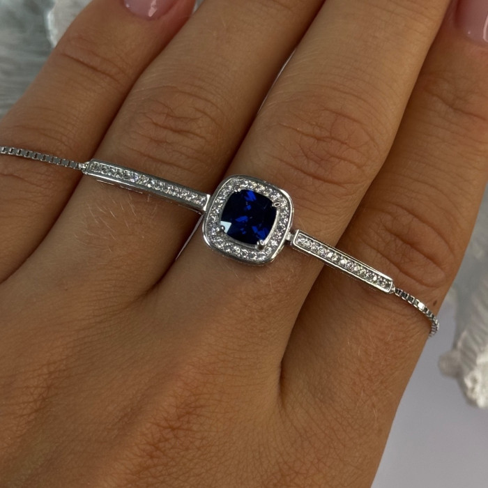 925 Sterling Silver Sapphire & Cz Bracelet Sizable