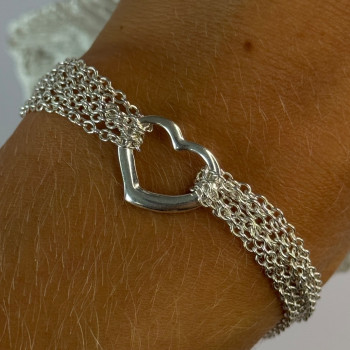 925 Sterling Silver 6 Chain Italy Heart Bracelet Length 7