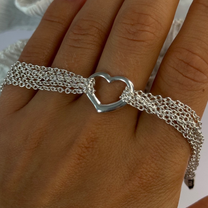 925 Sterling Silver 6 Chain Italy Heart Bracelet Length 7