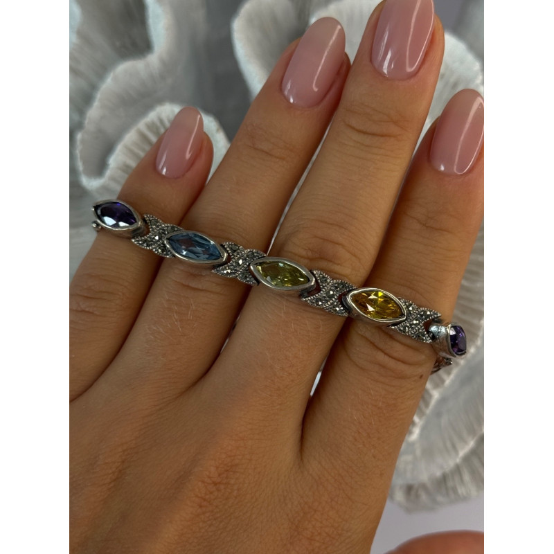 Vintage 925 Sterling Silver Multi Color Gemstones Bracelet Length 7