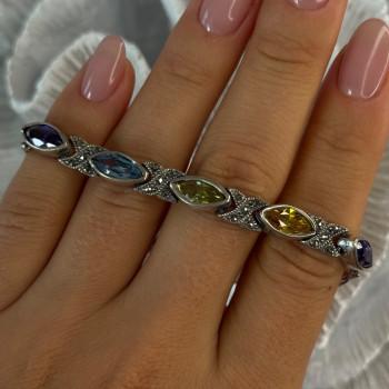 Vintage 925 Sterling Silver Multi Color Gemstones Bracelet Length 7