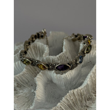 Vintage 925 Sterling Silver Multi Color Gemstones Bracelet Length 7