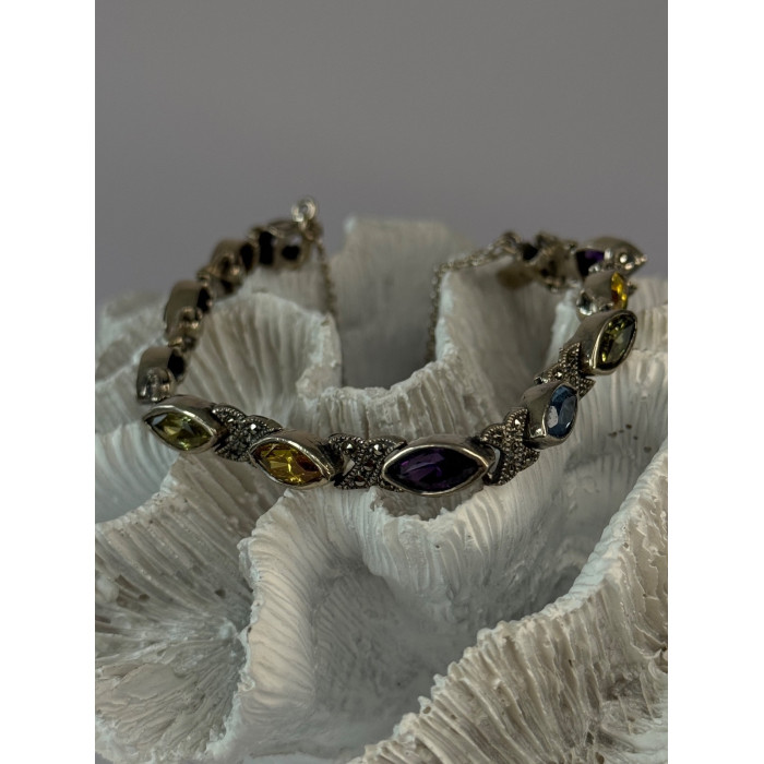 Vintage 925 Sterling Silver Multi Color Gemstones Bracelet Length 7