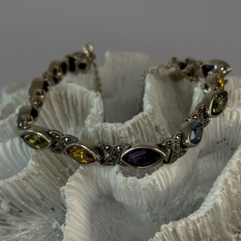 Vintage 925 Sterling Silver Multi Color Gemstones Bracelet Length 7