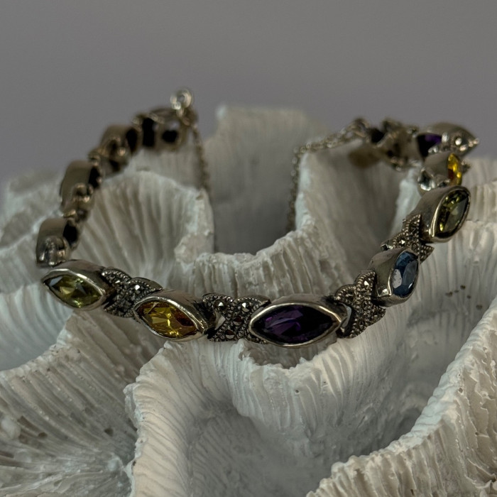 Vintage 925 Sterling Silver Multi Color Gemstones Bracelet Length 7