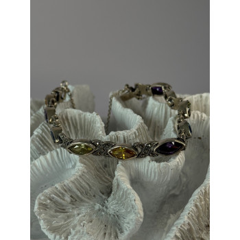 Vintage 925 Sterling Silver Multi Color Gemstones Bracelet Length 7