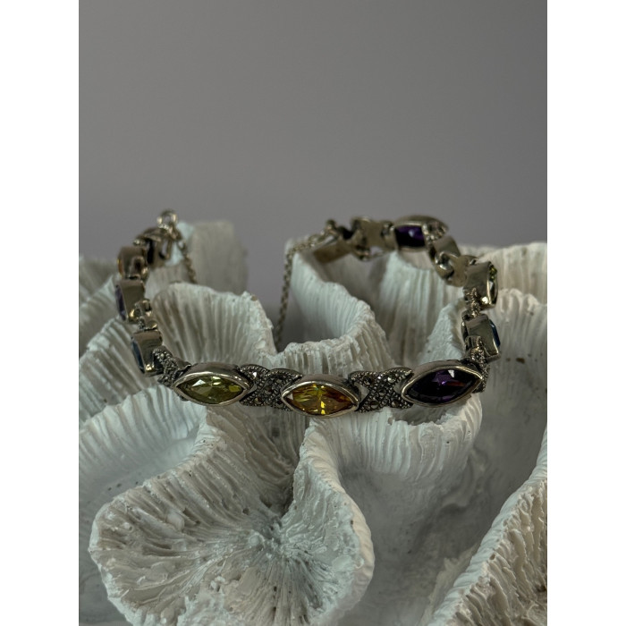 Vintage 925 Sterling Silver Multi Color Gemstones Bracelet Length 7