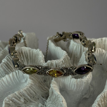 Vintage 925 Sterling Silver Multi Color Gemstones Bracelet Length 7
