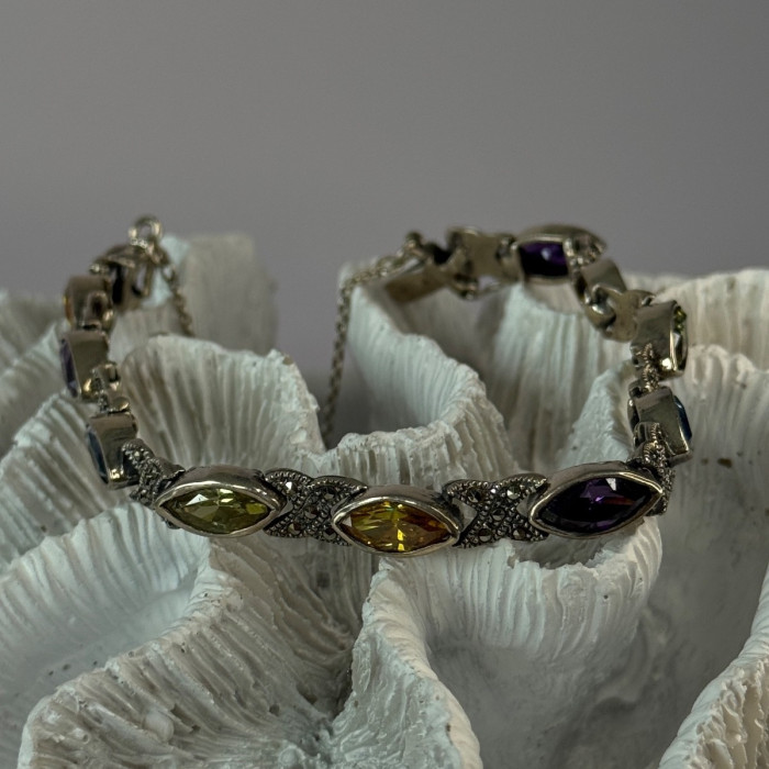 Vintage 925 Sterling Silver Multi Color Gemstones Bracelet Length 7