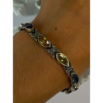 Vintage 925 Sterling Silver Multi Color Gemstones Bracelet Length 7