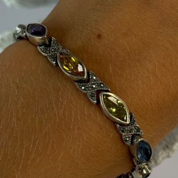 Vintage 925 Sterling Silver Multi Color Gemstones Bracelet Length 7