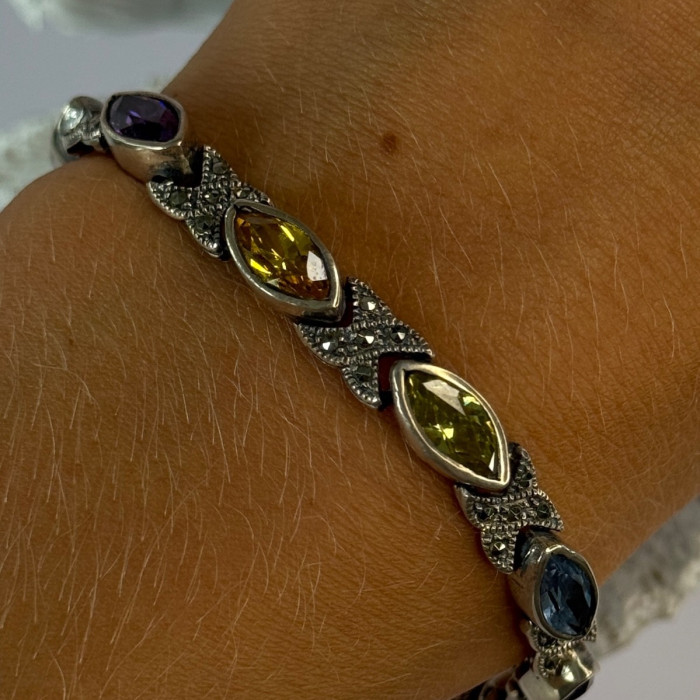 Vintage 925 Sterling Silver Multi Color Gemstones Bracelet Length 7