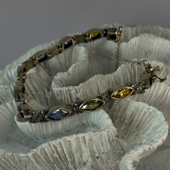 Vintage 925 Sterling Silver Multi Color Gemstones Bracelet Length 7