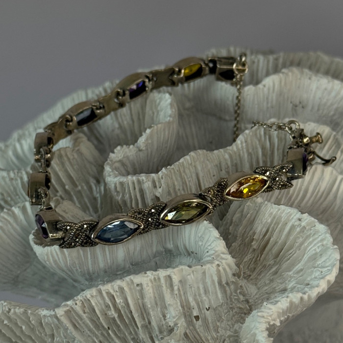 Vintage 925 Sterling Silver Multi Color Gemstones Bracelet Length 7