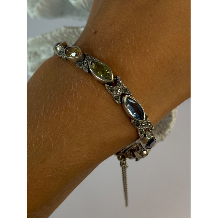 Vintage 925 Sterling Silver Multi Color Gemstones Bracelet Length 7