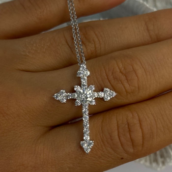 925 Sterling Silver CZ Chain With Cross Length 17/15 in