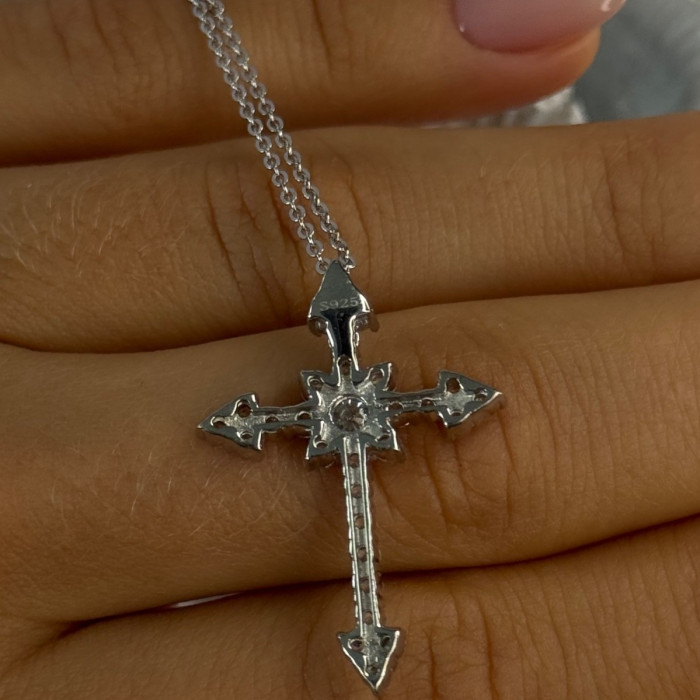 925 Sterling Silver CZ Chain With Cross Length 17/15 in