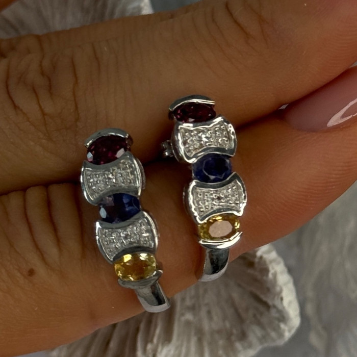 925 Sterling Silver Ruby Tanzanite Citrine Diamond Earrings Length 0.90 Inch