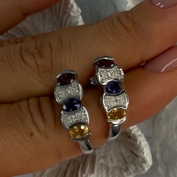 925 Sterling Silver Ruby Tanzanite Citrine Diamond Earrings Length 0.90 Inch
